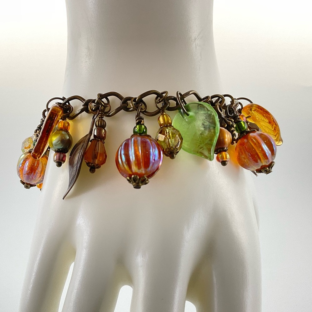 Fall Pumpkin Charm Bracelet with Pearls, Handmade, Halloween, Thanksgiving - Picture 2 of 5